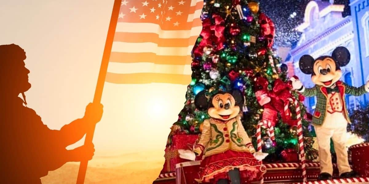 A silhouette of a person holding an American flag at sunset is on the left. On the right, colorful Christmas decorations with two cartoon mice characters, dressed in festive clothing, stand before a large Christmas tree adorned with lights and ornaments at Disney World.