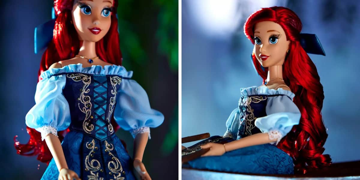 Two images show a doll with long red hair and blue outfit. The doll features an off-the-shoulder dress with intricate patterns and lace, and a blue ribbon in its hair. The background is blurred, creating a whimsical, fairy-tale-like atmosphere.