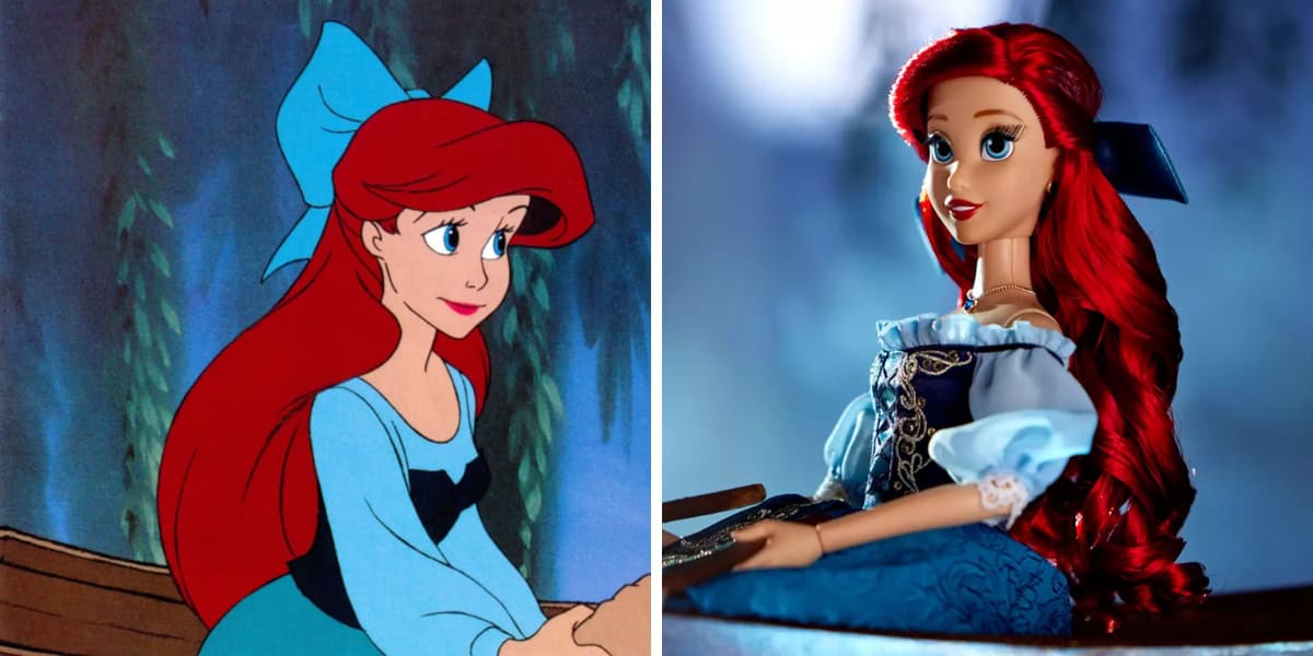 Illustration of an animated character with long red hair and a blue dress alongside a detailed doll version of the same character wearing a similar outfit. Both figures are shown in profile, highlighting their vibrant hair and clothing.