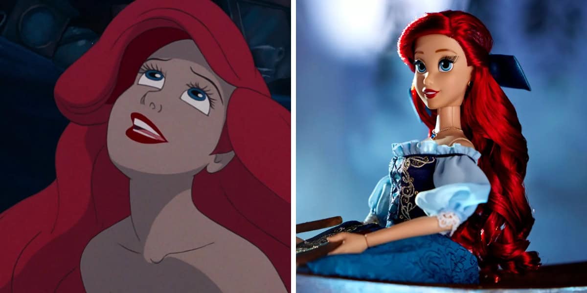 Split image featuring two versions of a red-haired mermaid character. The left side shows an animated version looking upwards, while the right side displays a detailed doll version in a blue and white outfit. Both have long, flowing red hair.