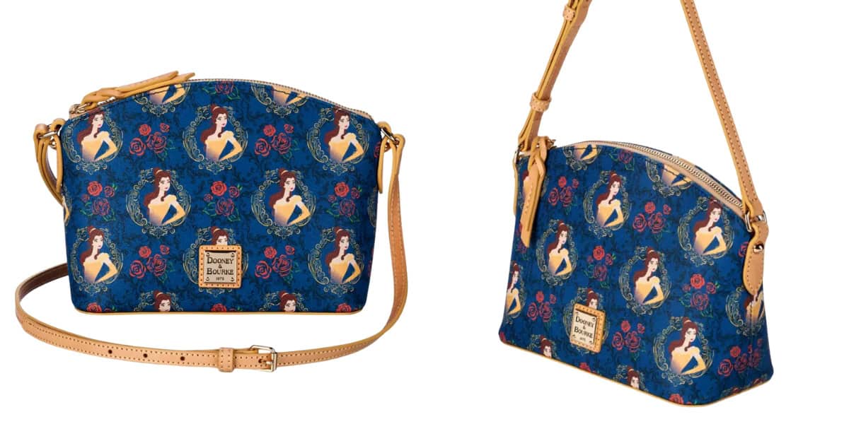 Two images of a handbag with a blue background featuring a repeated design of a woman in a yellow dress surrounded by red roses. The bag has a tan adjustable strap and a rectangular brand label on the front.
