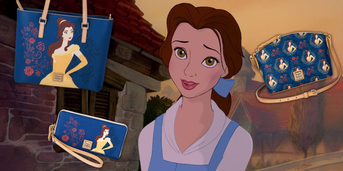 An animated character with brown hair and a blue dress stands in front of a rustic building with handbags featuring her image surrounding her. The bags are blue with floral patterns and mimic her dress colors.