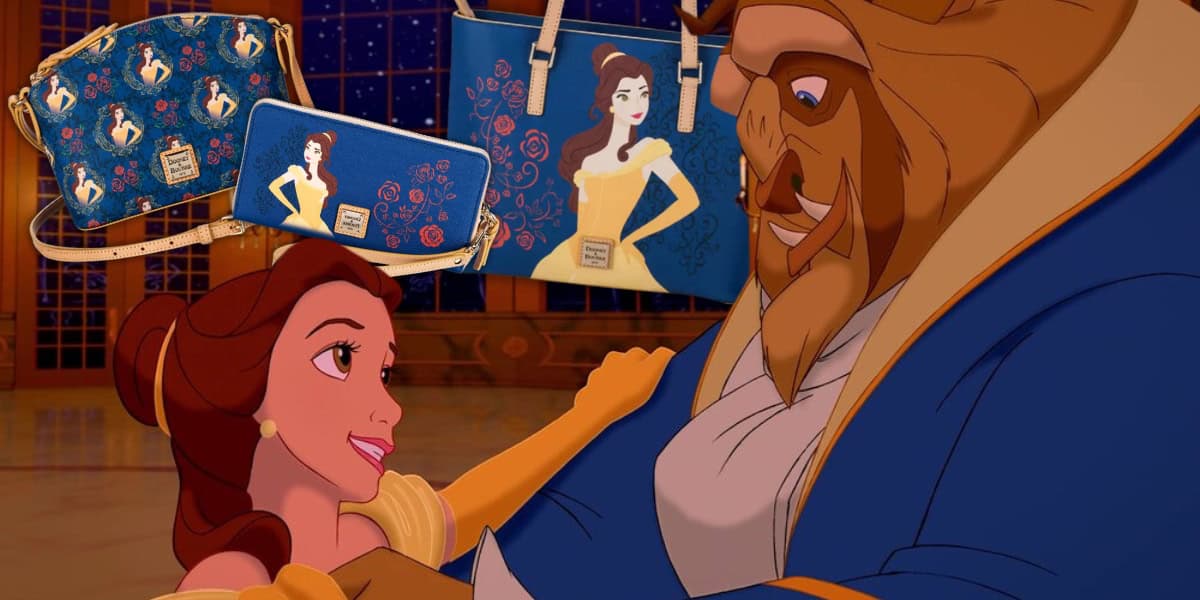 Belle and the Beast dance in a ballroom. Above them are three blue handbags featuring portraits of Belle, with one small bag and two larger bags. The scene is from an animated movie.