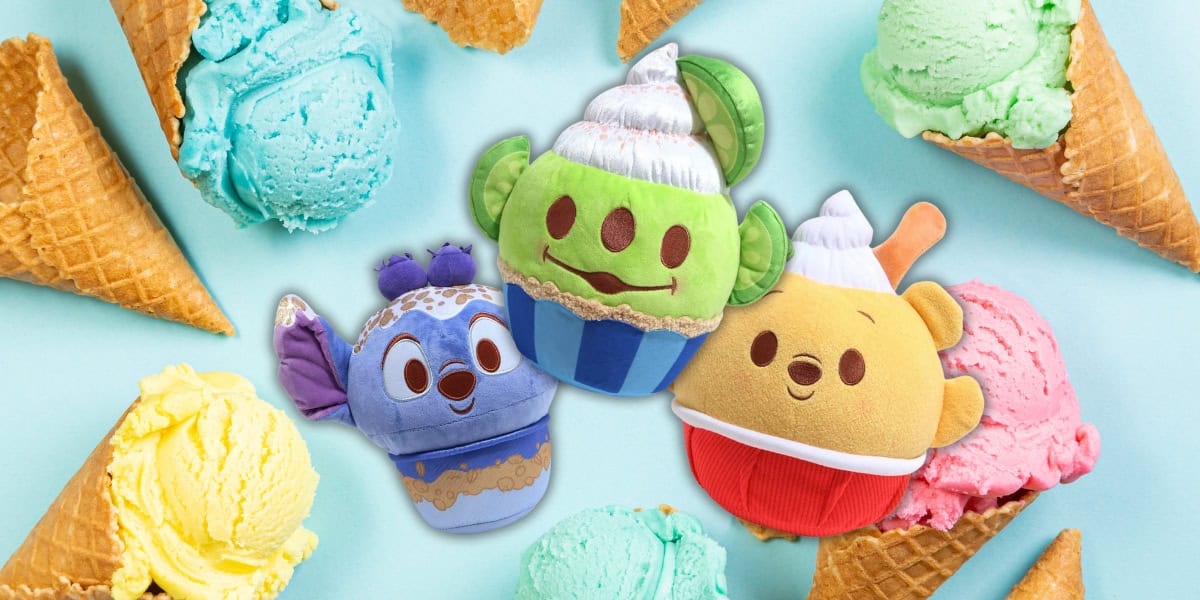 Plush toys designed to resemble desserts are surrounded by colorful ice cream scoops and waffle cones on a light blue background. The toys include a cactus with cream, and two animal characters in cupcake forms.