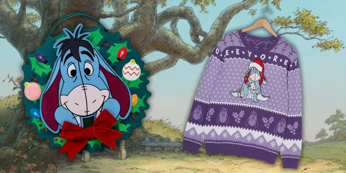 A holiday-themed decor with a wreath featuring a cartoon donkey and a purple sweater with the same donkey in winter attire. The background shows a scenic outdoor setting with a large tree.