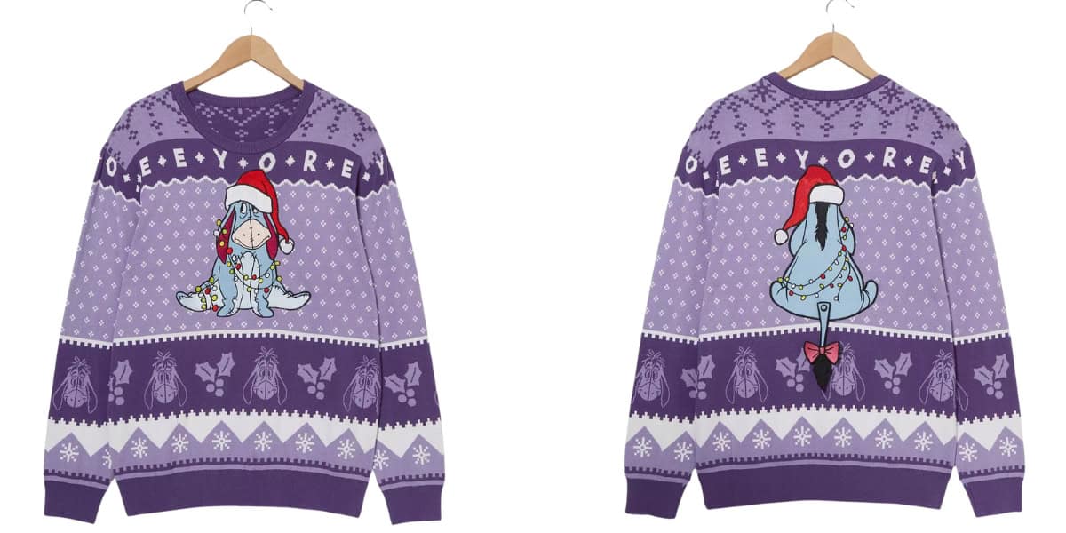 A purple holiday sweater featuring a cartoon donkey wearing a Santa hat and tangled in Christmas lights. The sweater has a knitted pattern with snowflakes and decorative borders. Front and back view shown.