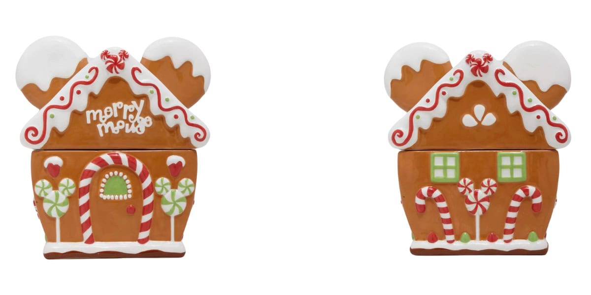Two gingerbread house-themed containers shaped like mouse ears. The front displays "Merry Mouse" with candy decorations, while the back features windows and candy canes. Each has a white icing roof with red and green accents.