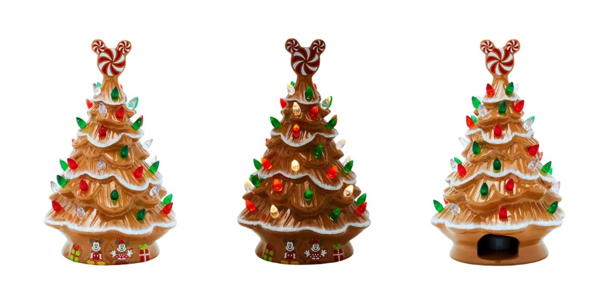 Three ceramic Christmas tree decorations with colorful lights and candy cane toppers. Each tree has a gingerbread house base with festive details. The trees are shown from the front, side, and back views.