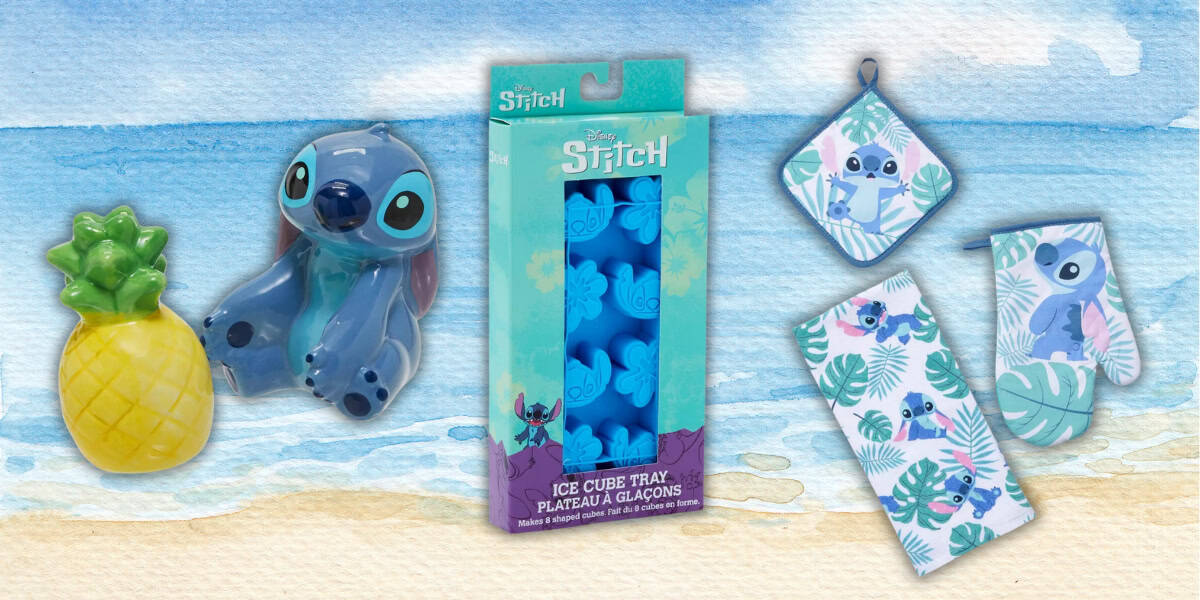 A collection of Disney Stitch-themed merchandise, including a Stitch figurine holding a pineapple, an ice cube tray in original packaging, a kitchen mitt, a pot holder, and a towel. The background is a watercolor beach scene.