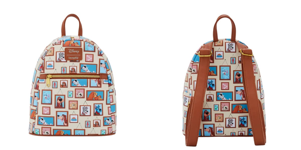 Front and back view of a backpack featuring various Disney character portraits on a light background. The bag has brown leather straps and accents, with a gold "Disney Loungefly" logo on the front pocket.