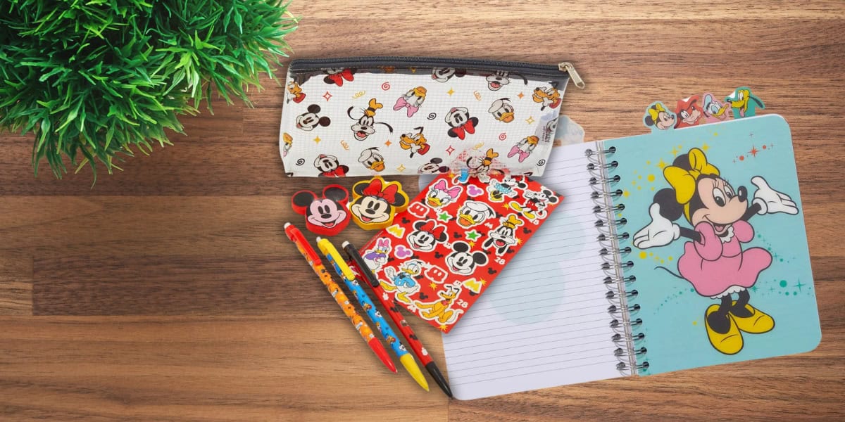 A colorful desk setup featuring a small notebook with a cartoon character cover, lined paper, a matching pencil case, pens, and stickers. A green plant decorates the corner of the wooden table.