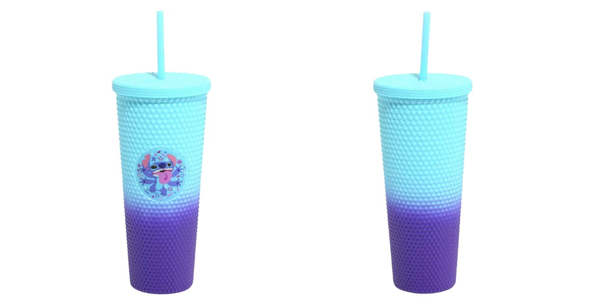 Two textured tumblers with a gradient design transitioning from light blue at the top to purple at the bottom. Each has a matching light blue straw. One tumbler features a cartoon illustration of a playful creature on its side.
