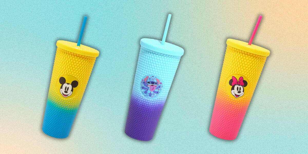 Three colorful textured tumblers with straws. The first tumbler is yellow with a Mickey Mouse emblem, the middle tumbler is blue with a Stitch emblem, and the last tumbler is pink with a Minnie Mouse emblem. The background is gradient pastel.