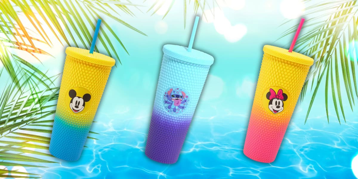 Three colorful tumblers with gradient designs and cartoon character stickers are displayed against a tropical background. The left tumbler has Mickey Mouse, the middle has Stitch, and the right has Minnie Mouse. Palm leaves frame the scene.