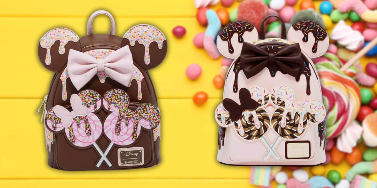 Two whimsical backpacks featuring Disney themes. The left backpack is brown with chocolate drizzle, ears, a pink bow, and candy designs. The right backpack is pink with chocolate ears, a brown bow, and candy accents, set on a colorful candy background.
