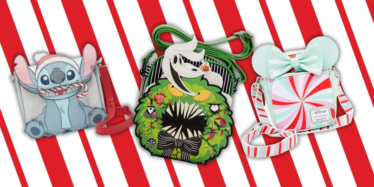 Three cartoon-themed handbags on a red and white striped background. The bags feature a blue creature, a ghost with vibrant designs, and a mint green bow with round ears and a peppermint pattern.