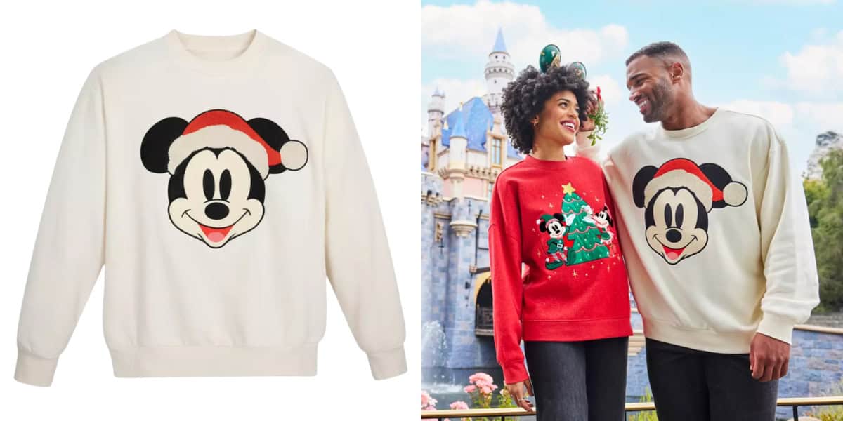 Left side: A white sweater featuring a cartoon mouse with a Santa hat. Right side: A smiling couple, with the woman wearing a red Christmas sweater and the man wearing the same white sweater, standing in front of a castle in a theme park.