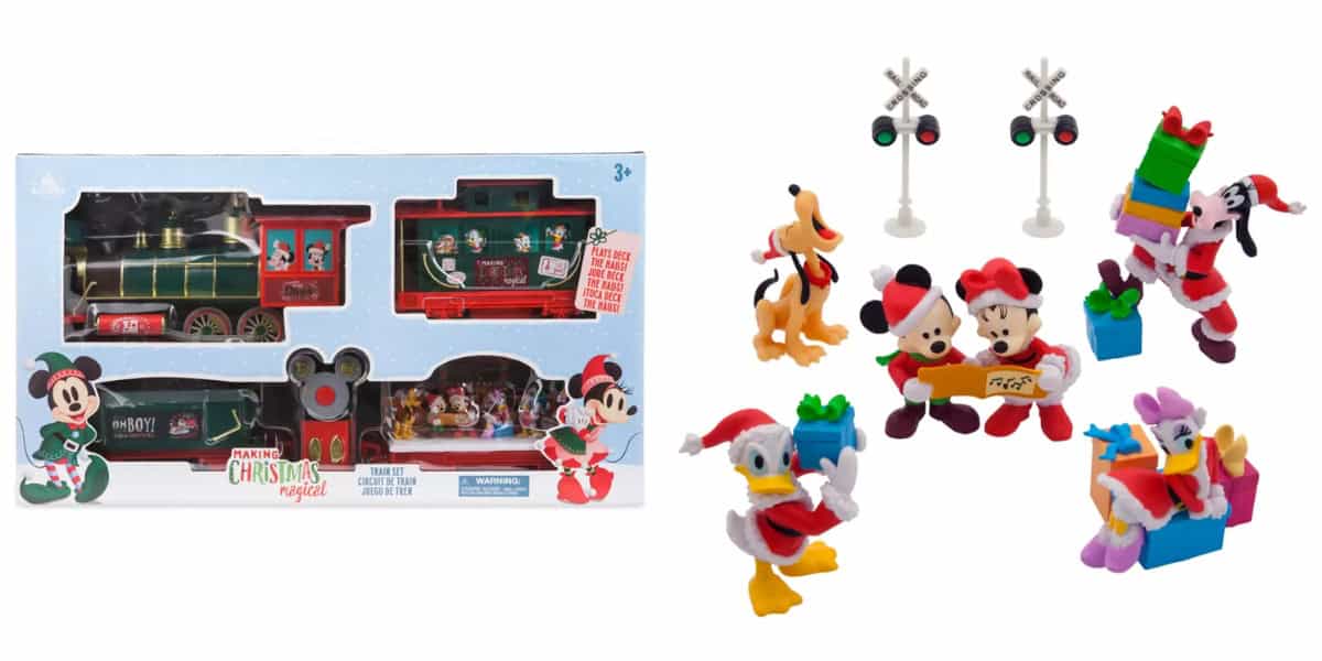 A festive-themed toy set featuring a train with Mickey Mouse and friends. Includes figures of Mickey, Minnie, Donald Duck, and Pluto, all in holiday attire, along with gift boxes, and two railroad crossing signals.