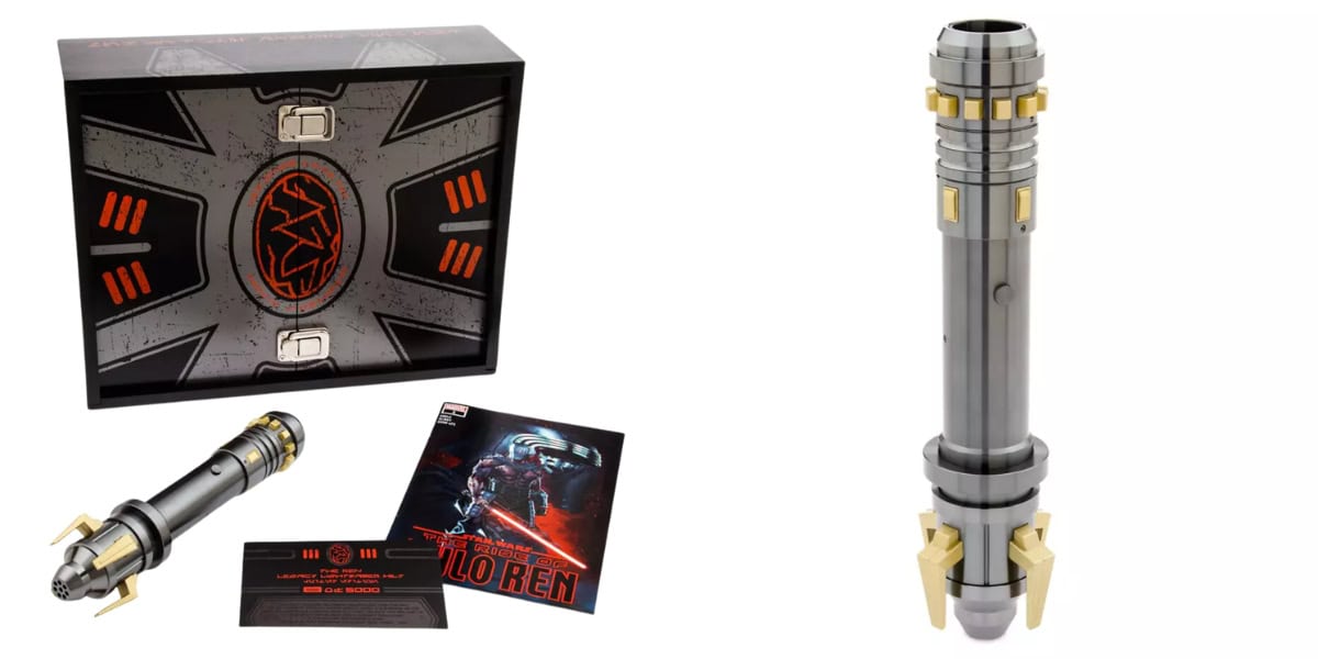 A box set featuring Star Wars-themed items. On the left, an opened package with a card and booklet. On the right, a detailed metallic lightsaber hilt with gold accents.