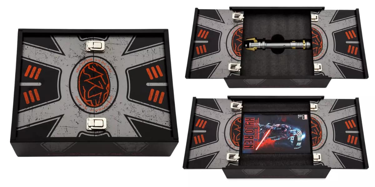 A collector's box set featuring a gray and black design with orange accents and a star emblem. Inside, it holds a stylized black and silver replica sword and a "Halo" DVD with cover art, all set in custom black foam compartments.