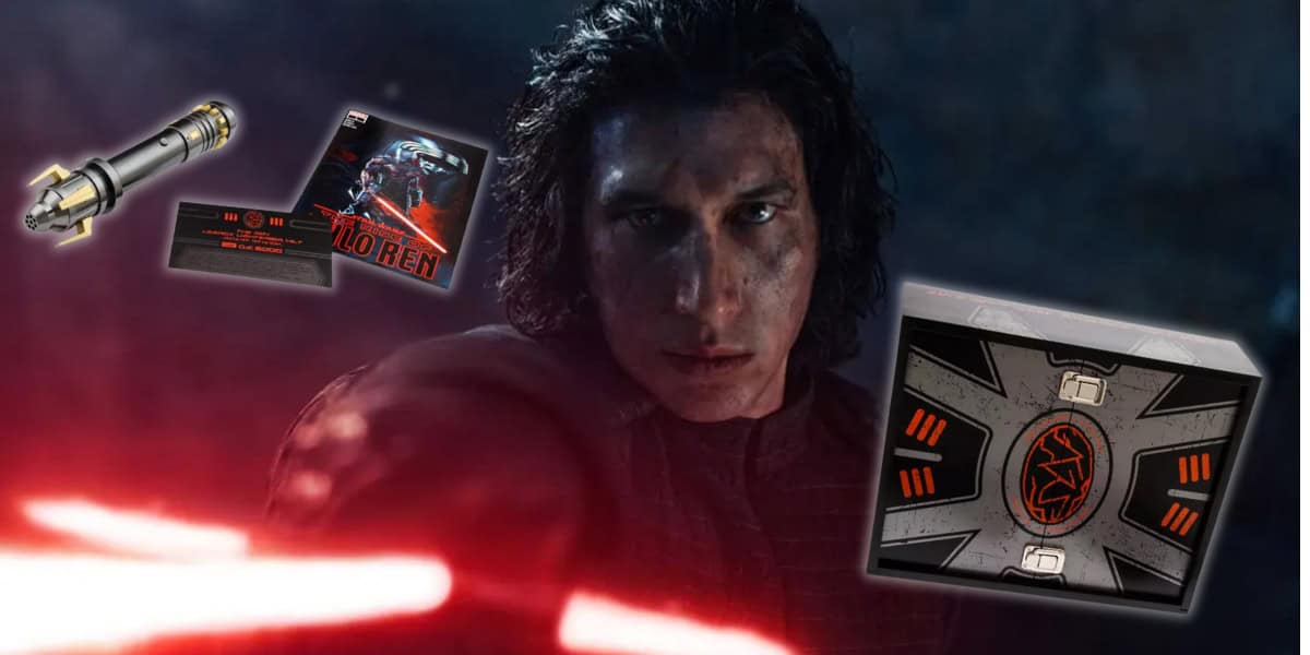 A person in dark clothing wields a red lightsaber. Surrounding them are various Star Wars-themed items, including a lightsaber hilt, a collectible card, and a box with Star Wars branding. The background is dark and dramatic.
