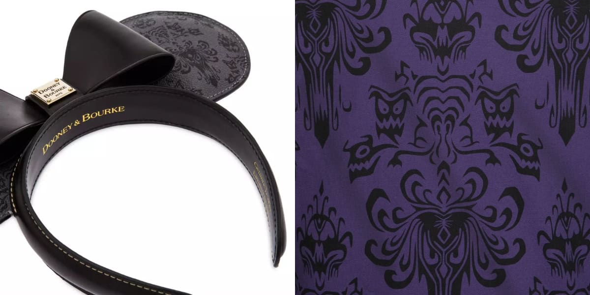 Left: Black headband with mouse ears, featuring a pattern and a designer label. Right: Close-up of a purple fabric with a black intricate pattern resembling abstract faces and shapes.