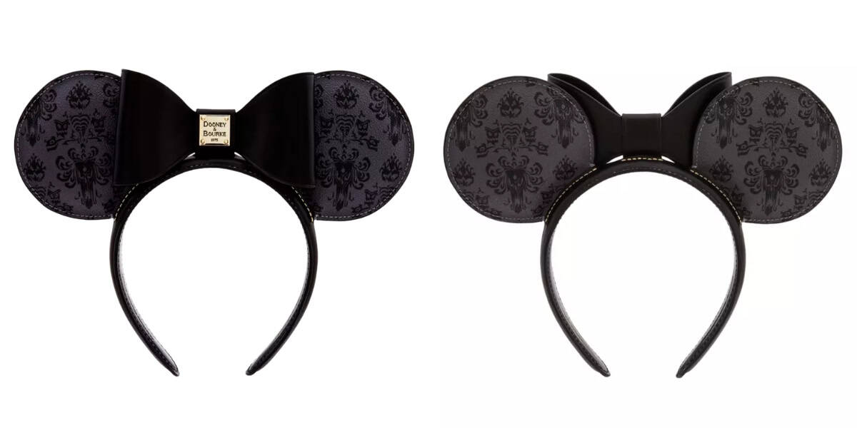 Two black headbands with large round ears, featuring a subtle gray design, are shown. The headbands have a small rectangular detail in the center front, adding a unique touch to the classic shape.