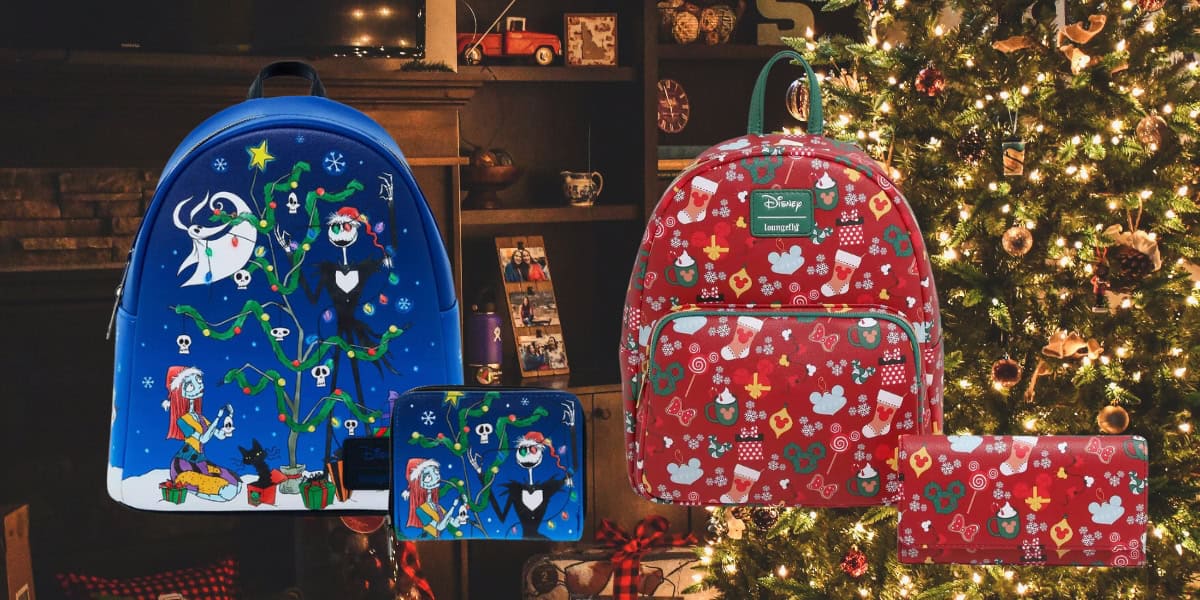 Festive scene with a decorated tree and cozy fireplace. Three colorful Disney-themed bags are displayed: a blue backpack, a matching purse, and a red backpack featuring holiday designs, including characters in Santa hats and Christmas motifs.