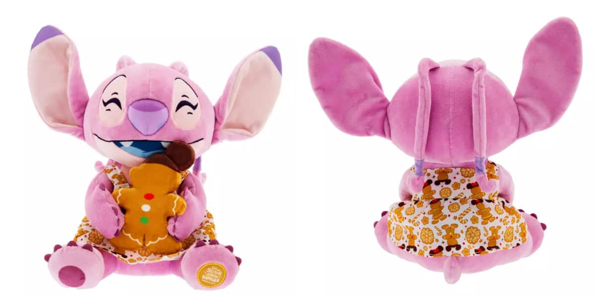 A pink plush toy with large ears, smiling and holding a gingerbread man. The toy is wearing a pattern with gingerbread men. Front and back views are shown.