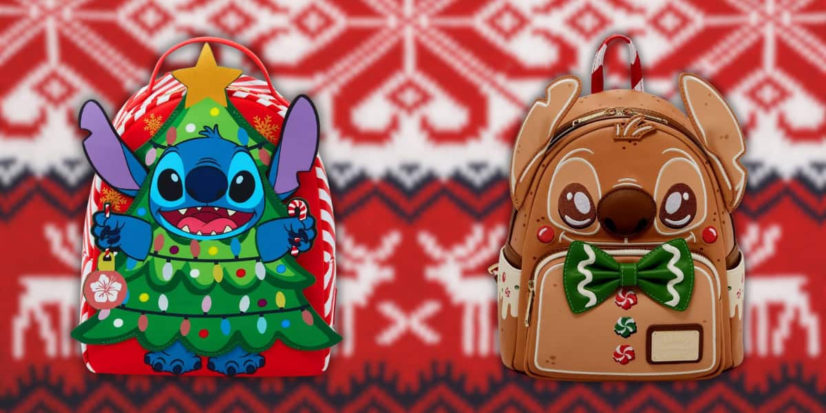 Two festive backpacks are displayed with a holiday background. The left features an alien character as a Christmas tree, and the right showcases a character as a gingerbread cookie with a bow tie and candies.