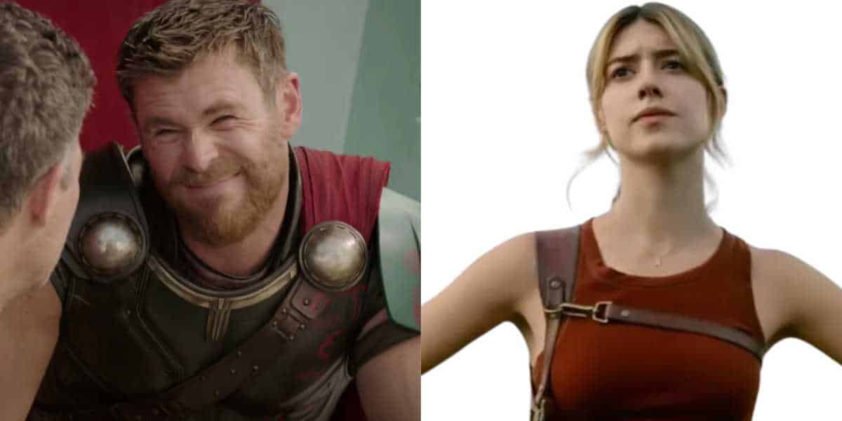 Chris Hemsworth as Thor (L) and Daisy Edgar-Jones as Kate Carter (R)