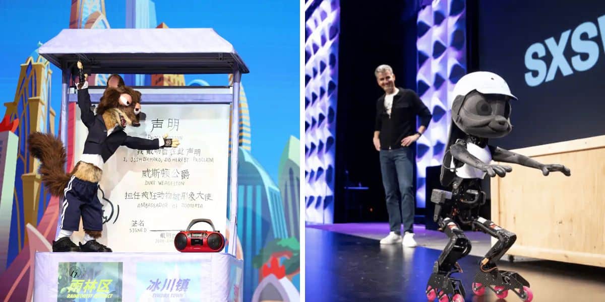 A costumed character stands at a booth on the left, with colorful text and a radio. On the right, a human interacts with a small wheeled robot on stage against a patterned backdrop and SXSW signage.