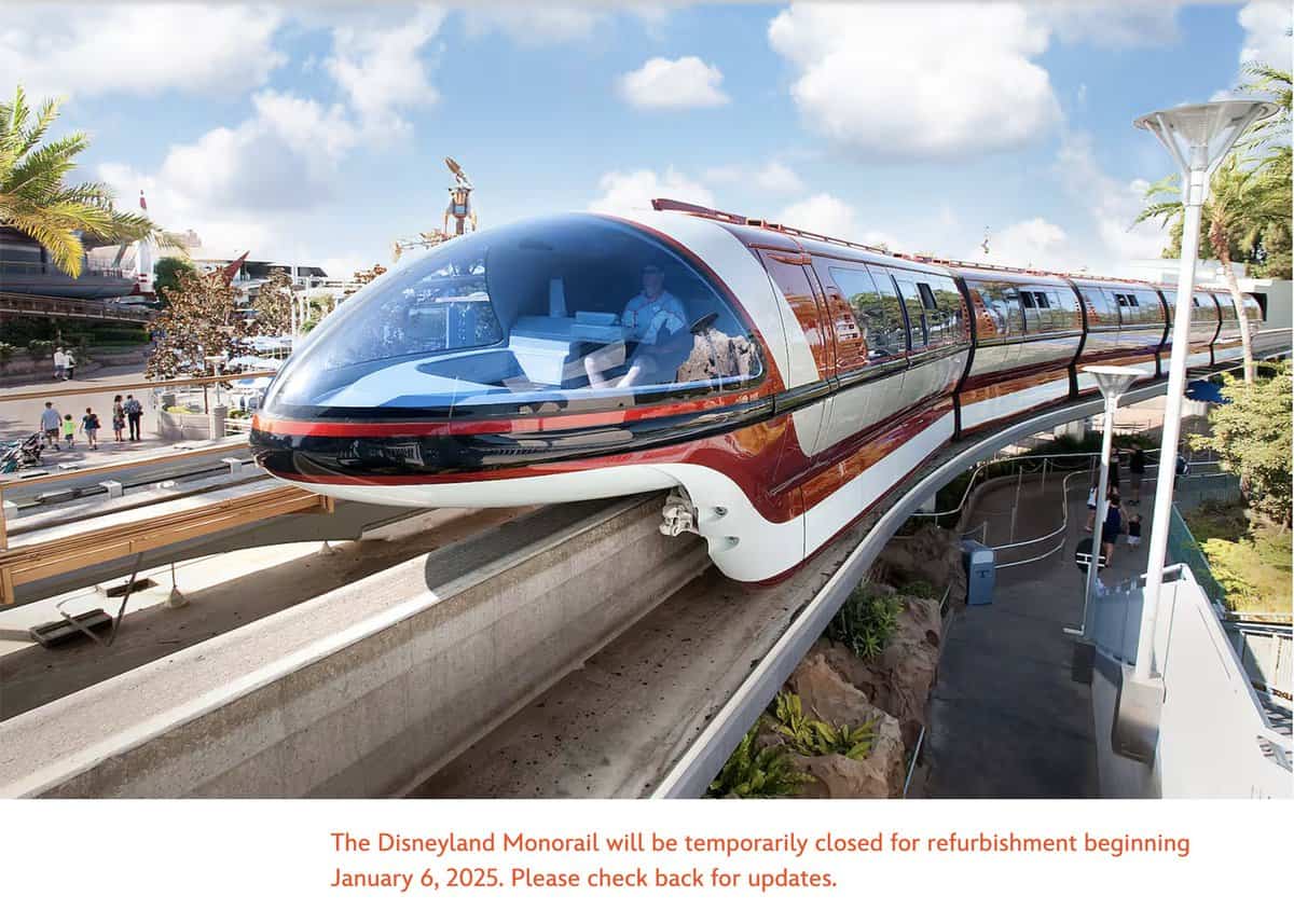 The Disneyland Resort monorail will be closing on January 6, 2025