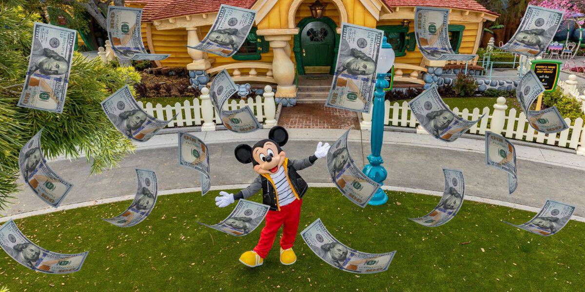Mickey Mouse stands on a lush green lawn in front of a wooden house with white picket fence, surrounded by floating hundred-dollar bills in the air, creating a whimsical and playful scene.