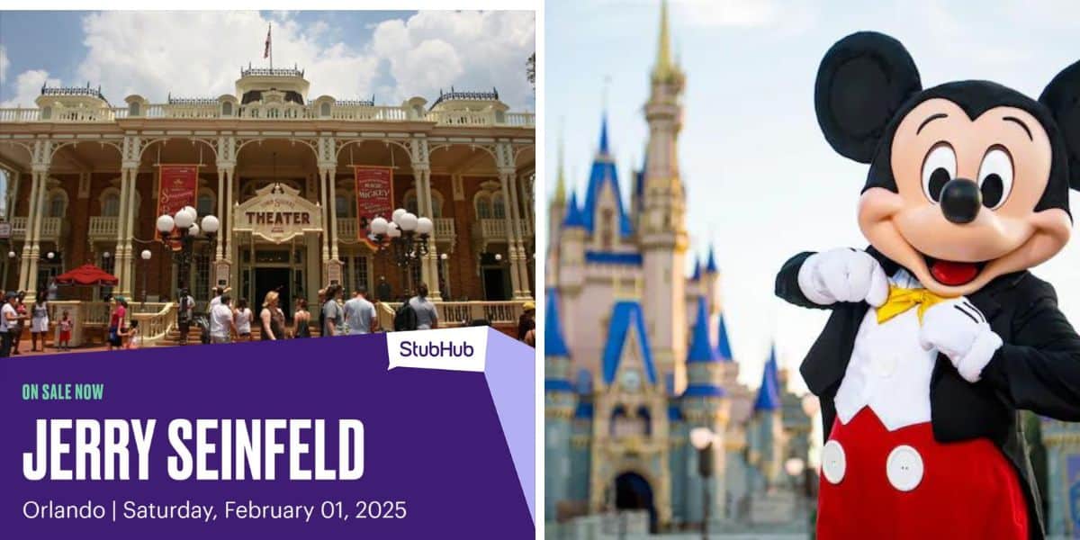 Split Image: StubHub advertising Jerry Seinfeld at the Walt Disney Theater and Mickey Mouse in front of Cinderella Castle