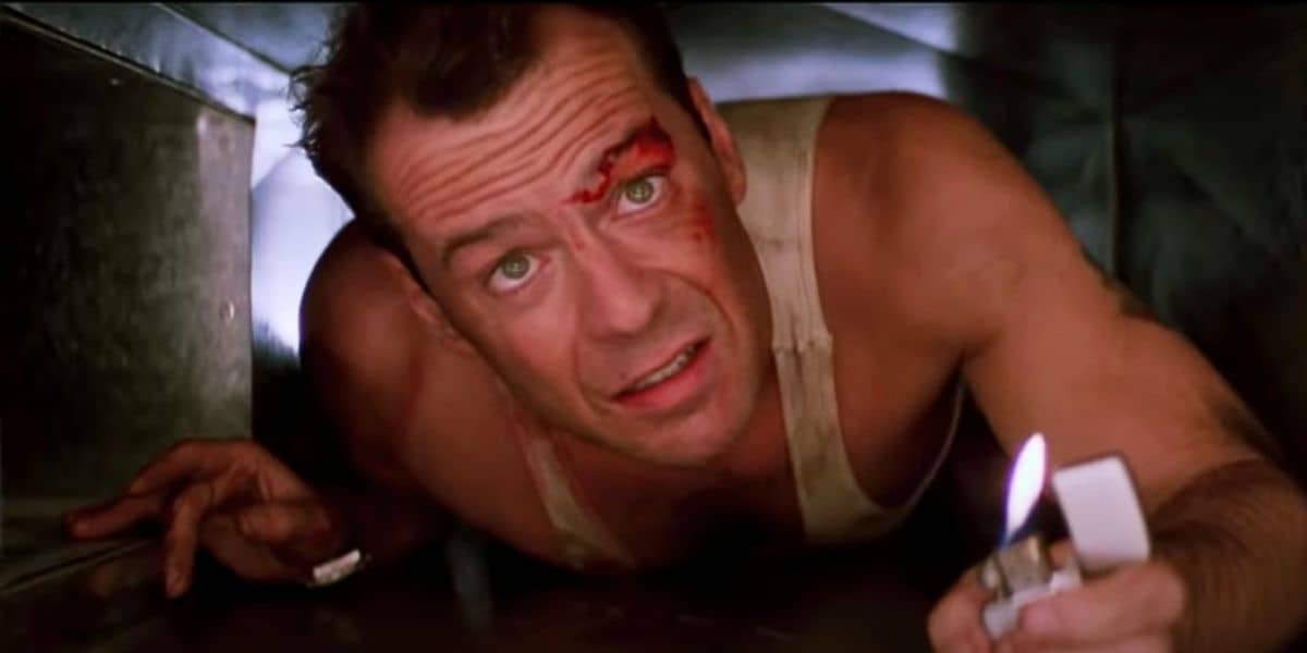 John McClane (Bruce Willis) in the vents in 'Die Hard' (1988)