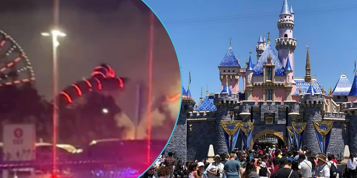 On the left, a fire in the Simba parking lot at night. On the right, guests walk into Sleeping Beauty Castle at Disneyland Park.