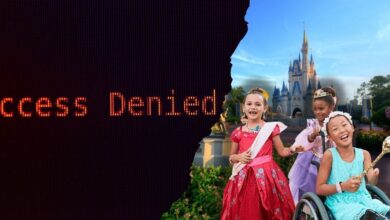 Three children in princess costumes, one using a wheelchair, smile in front of a Disney castle. The left side of the image features a digital display with the text "Access Denied.