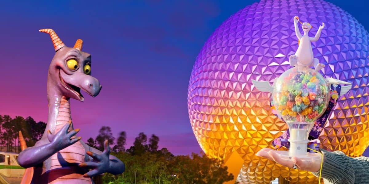 Figment and the Figment 2025 Popcorn Bucket in front of Spaceship Earth