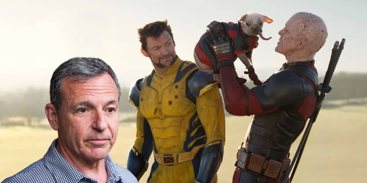 Hugh Jackman as Wolverine and Ryan Reynolds as Deadpool with Bob Iger over the image