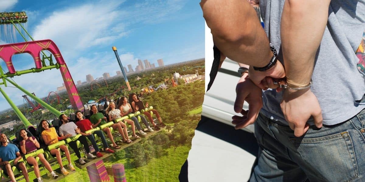 A split image showing people enjoying a roller coaster on the left, with a view of a city skyline in the background. On the right, a person is being handcuffed by another individual, wearing jeans and a colorful shirt at Busch Gardens.