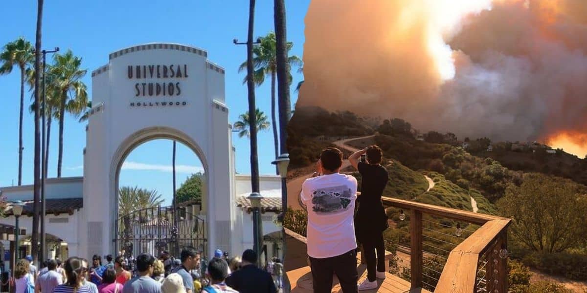 Split image: On the left, a crowd gathers at the Universal Studios Hollywood entrance on a sunny day. On the right, two people stand on a wooden platform viewing a large brushfire in a hilly landscape.
