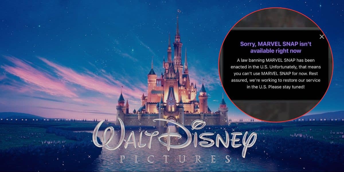 A Walt Disney Pictures logo with a castle at sunset. An inset message reads: "Sorry, MARVEL SNAP isn't available right now. A law banning MARVEL SNAP has been passed in the U.S. We're working to restore our service. Please stay tuned!.