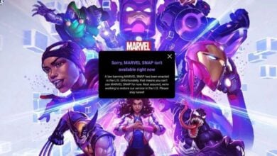 Marvel characters stand ready, including Iron Man and Venom, in a vibrant comic-style art. A pop-up message overlays the image, stating that Marvel Snap isn't available in the U.S. due to a law banning the app.