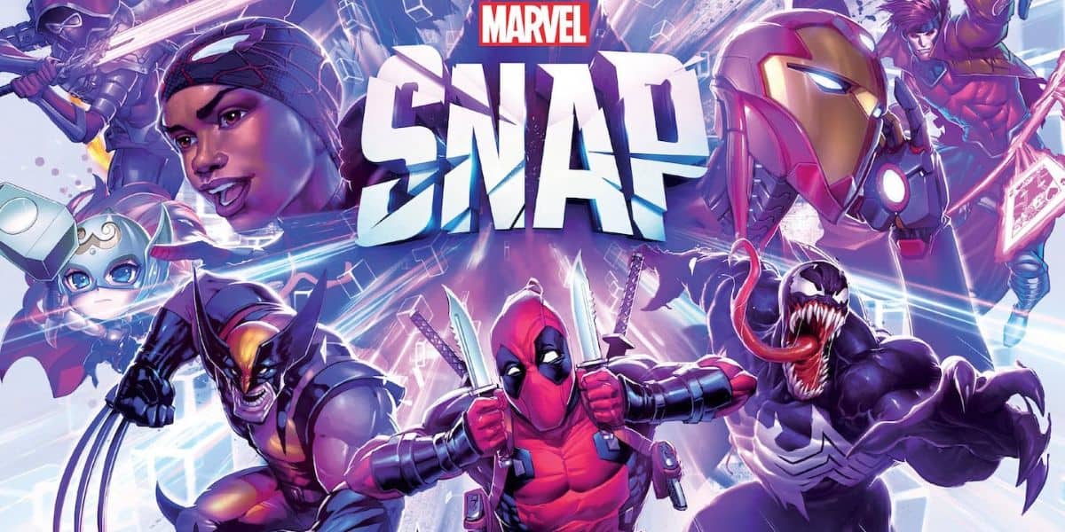 Colorful Marvel Snap poster featuring various characters, including Black Panther, Iron Man, Thor, Wolverine, Deadpool, and Venom. The characters are in dynamic poses around the bold Marvel Snap logo at the center.