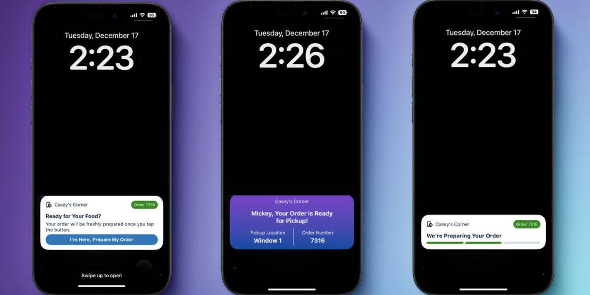 Three smartphones display lock screens with the new Mobile Order live tracking available via the My Disney Experience app and Disneyland Resort app.