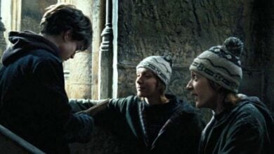 Fred and George Weasley giving Harry the Marauders Map