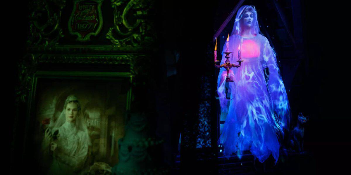 A dimly lit scene portrays a ghostly bride in a glowing blue gown, holding a candelabra. On the left, a portrait of the bride is surrounded by ornate decorations. The atmosphere is eerie and mystical.