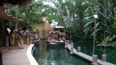 Guests ride Jungle Cruise at Disneyland