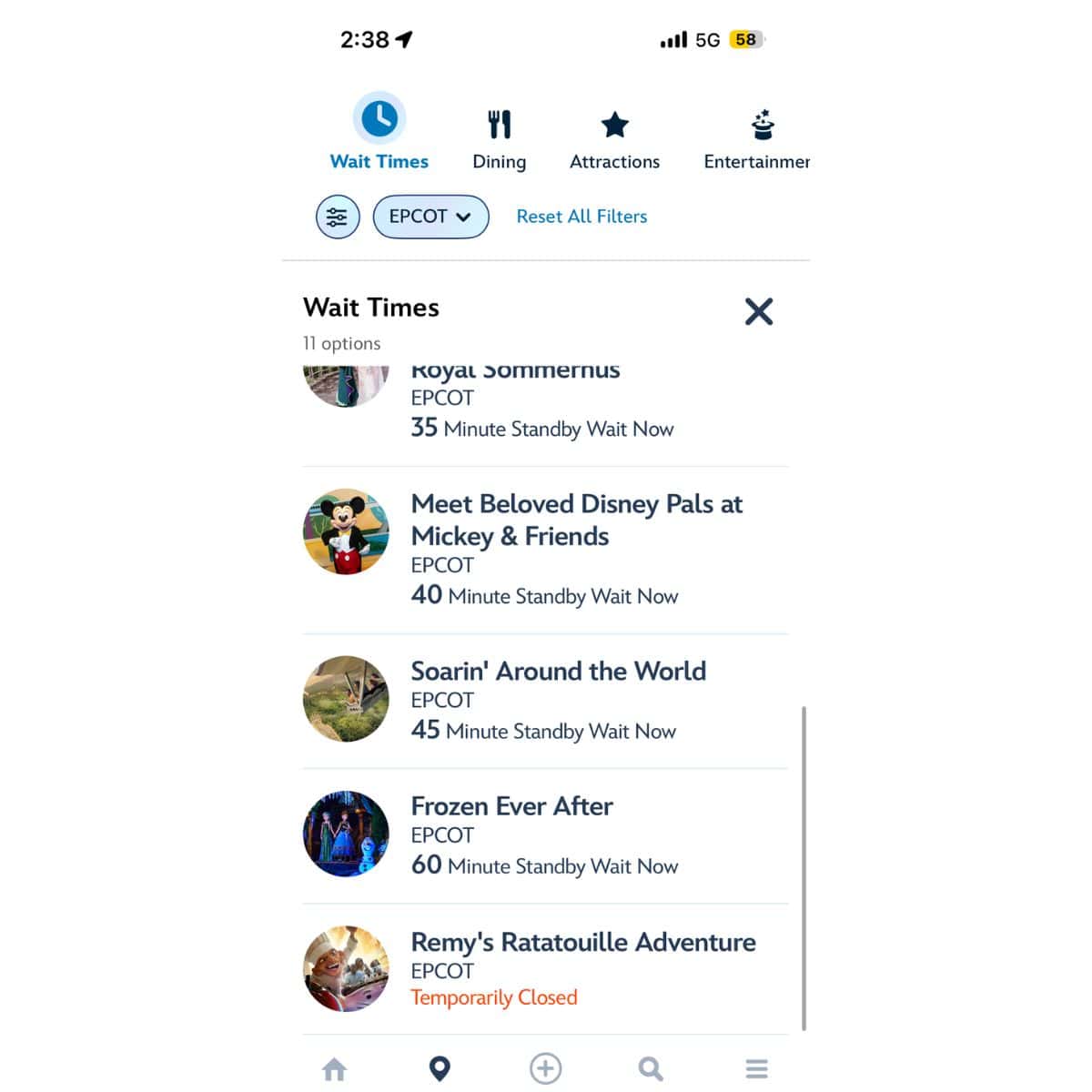 A smartphone screen displays an app showing wait times for various EPCOT attractions, with 35 minutes for Royal Sommerhus and 60 minutes for Frozen Ever After. Unfortunately, Remy's Ratatouille Adventure is temporarily closed.